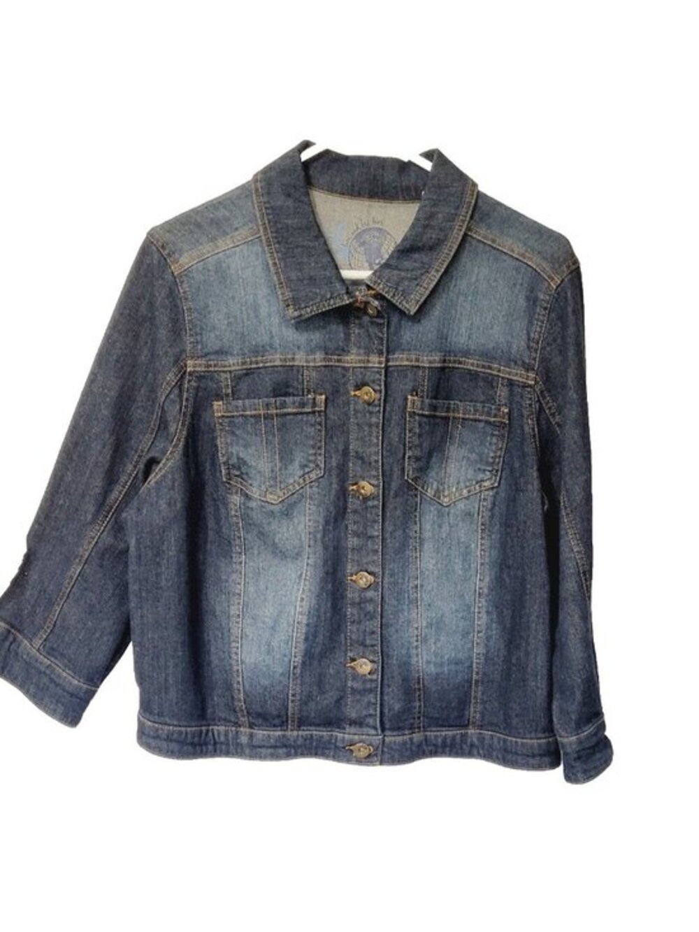 Womens Trucker‎ Jacket Blue Denim Button Stretch XL Cropped  3/4 Sleeve